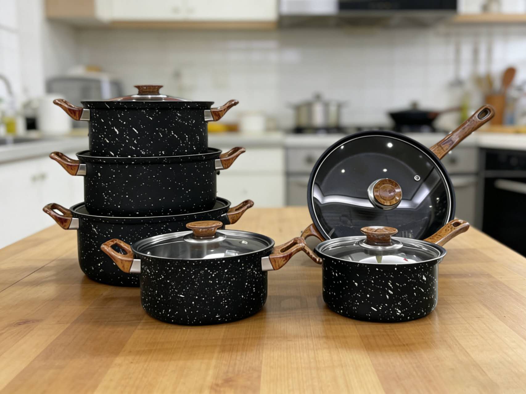 12Pcs Nonstick Cookware Set, Speckled Granite Coated Stainless Steel Cooking Pots & Pans Set, Wooden Heat-Resistant Handle Kitchen Cookware, Compatible with Induction & Gas Stove(16/18/20/24CM)