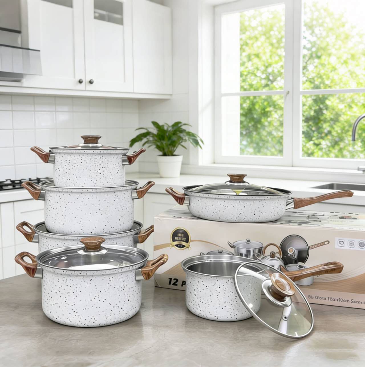 12Pcs Nonstick Cookware Set, Speckled Granite Coated Stainless Steel Cooking Pots & Pans Set, Wooden Heat-Resistant Handle Kitchen Cookware, Compatible with Induction & Gas Stove(16/18/20/24CM)