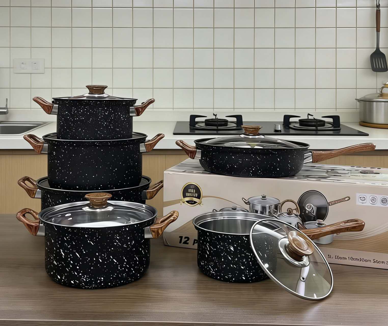 12Pcs Nonstick Cookware Set, Speckled Granite Coated Stainless Steel Cooking Pots & Pans Set, Wooden Heat-Resistant Handle Kitchen Cookware, Compatible with Induction & Gas Stove(16/18/20/24CM)