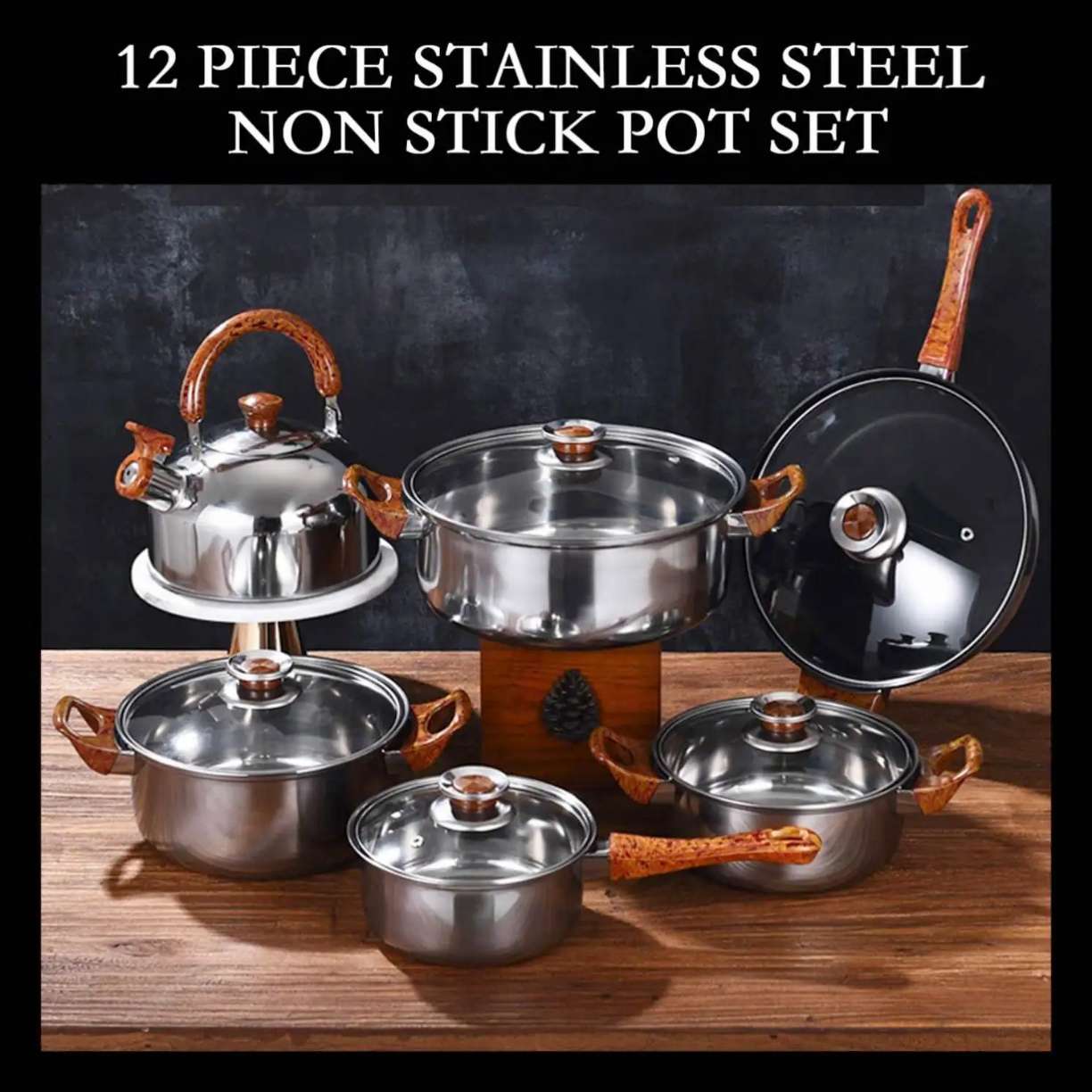 12PCS Stainless Steel Kettle Cookware Set – Non-Stick Cooking Pots & Pans Set | Durable Kitchen Set for Home, Hotel & Restaurant Cooking