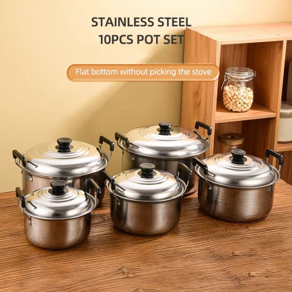 10Pcs Stainless Steel Stock Pot Set, Multipurpose Home Cookware for Porridge, Compatible with Induction & Gas Stove, Gift Cookware Kit(16/18/20/22/24CM)