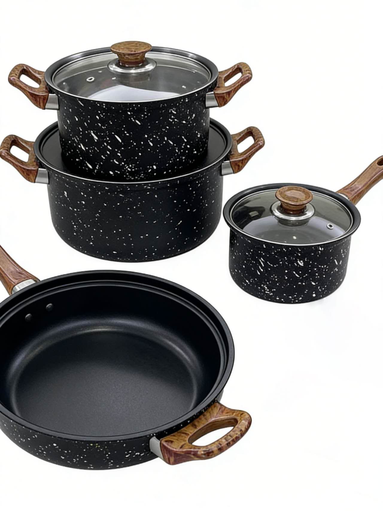 12Pcs Nonstick Cookware Set, Speckled Granite Coated Stainless Steel Cooking Pots & Pans Set, Wooden Heat-Resistant Handle Kitchen Cookware, Compatible with Induction & Gas Stove(16/18/20/24CM)