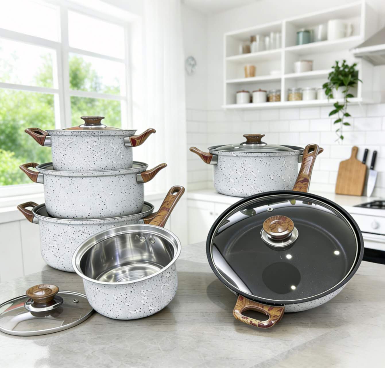 12Pcs Nonstick Cookware Set, Speckled Granite Coated Stainless Steel Cooking Pots & Pans Set, Wooden Heat-Resistant Handle Kitchen Cookware, Compatible with Induction & Gas Stove(16/18/20/24CM)