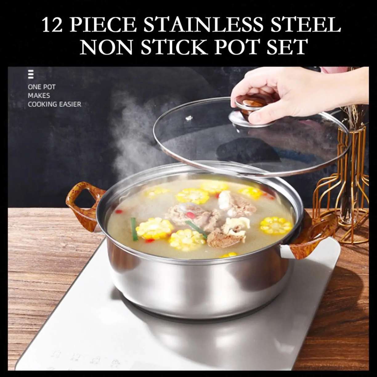12PCS Stainless Steel Kettle Cookware Set – Non-Stick Cooking Pots & Pans Set | Durable Kitchen Set for Home, Hotel & Restaurant Cooking