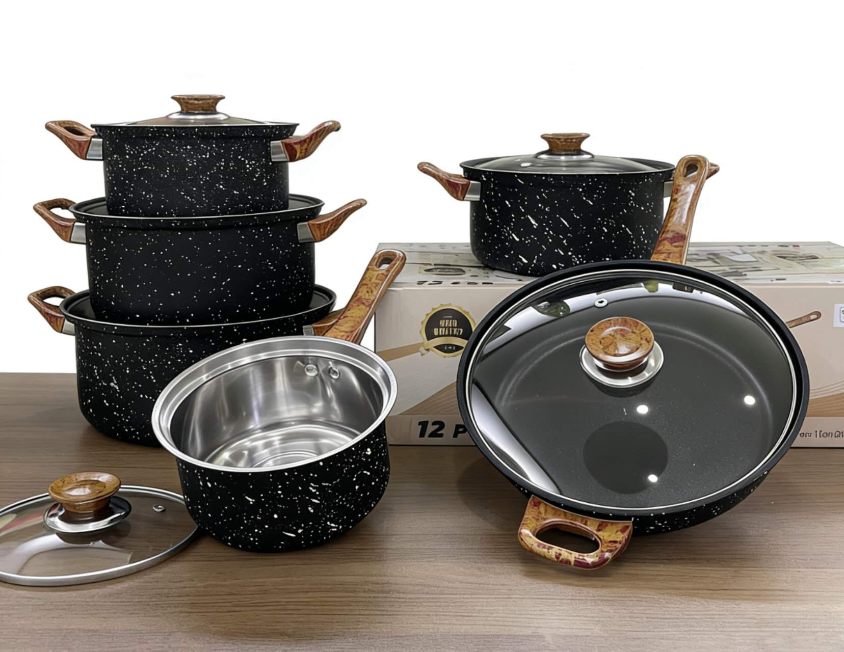 12Pcs Nonstick Cookware Set, Speckled Granite Coated Stainless Steel Cooking Pots & Pans Set, Wooden Heat-Resistant Handle Kitchen Cookware, Compatible with Induction & Gas Stove(16/18/20/24CM)