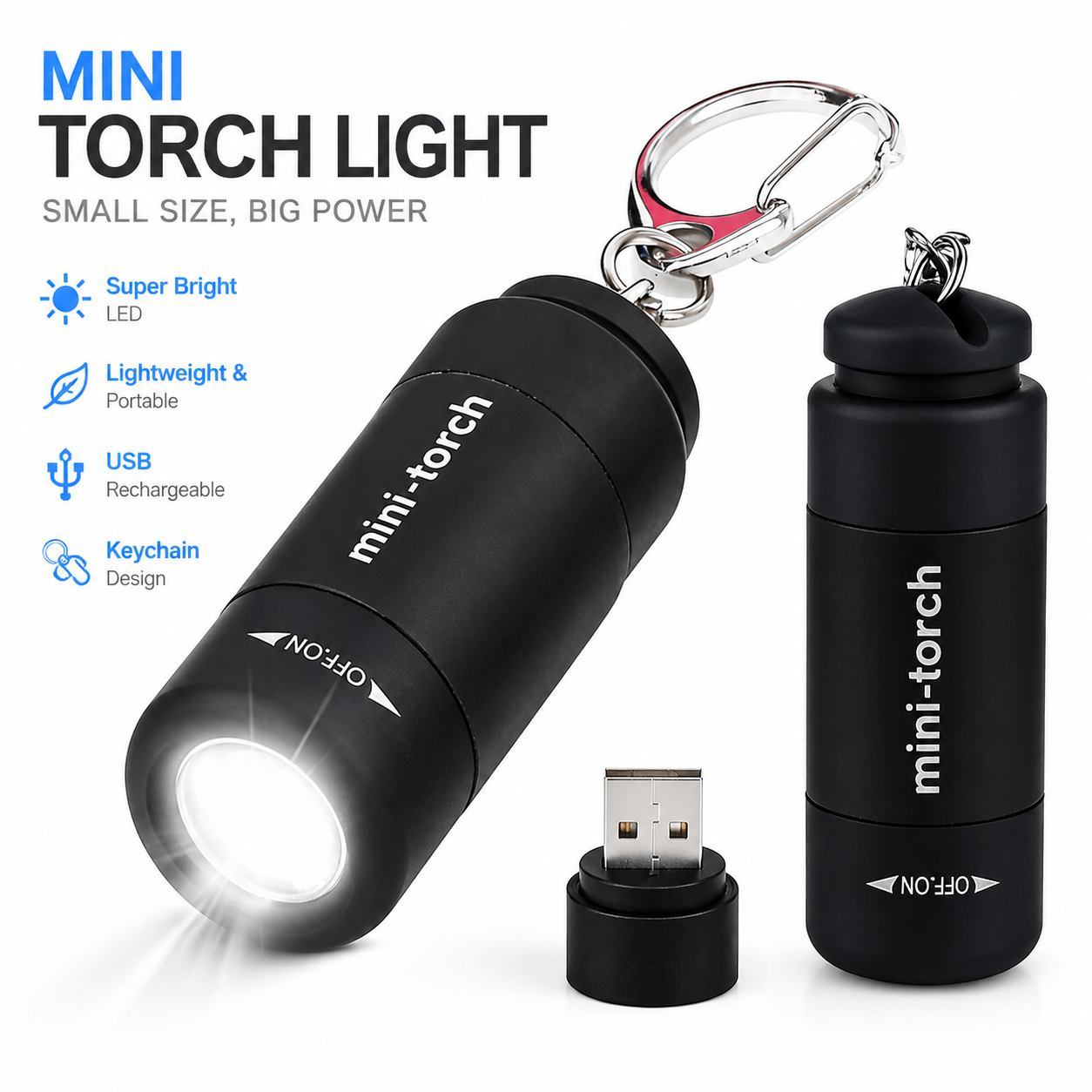 Mini Keychain Flashlight, Pocket LED Flashlight Portable Torch USB Rechargeable for Outdoor Camping Party, Black