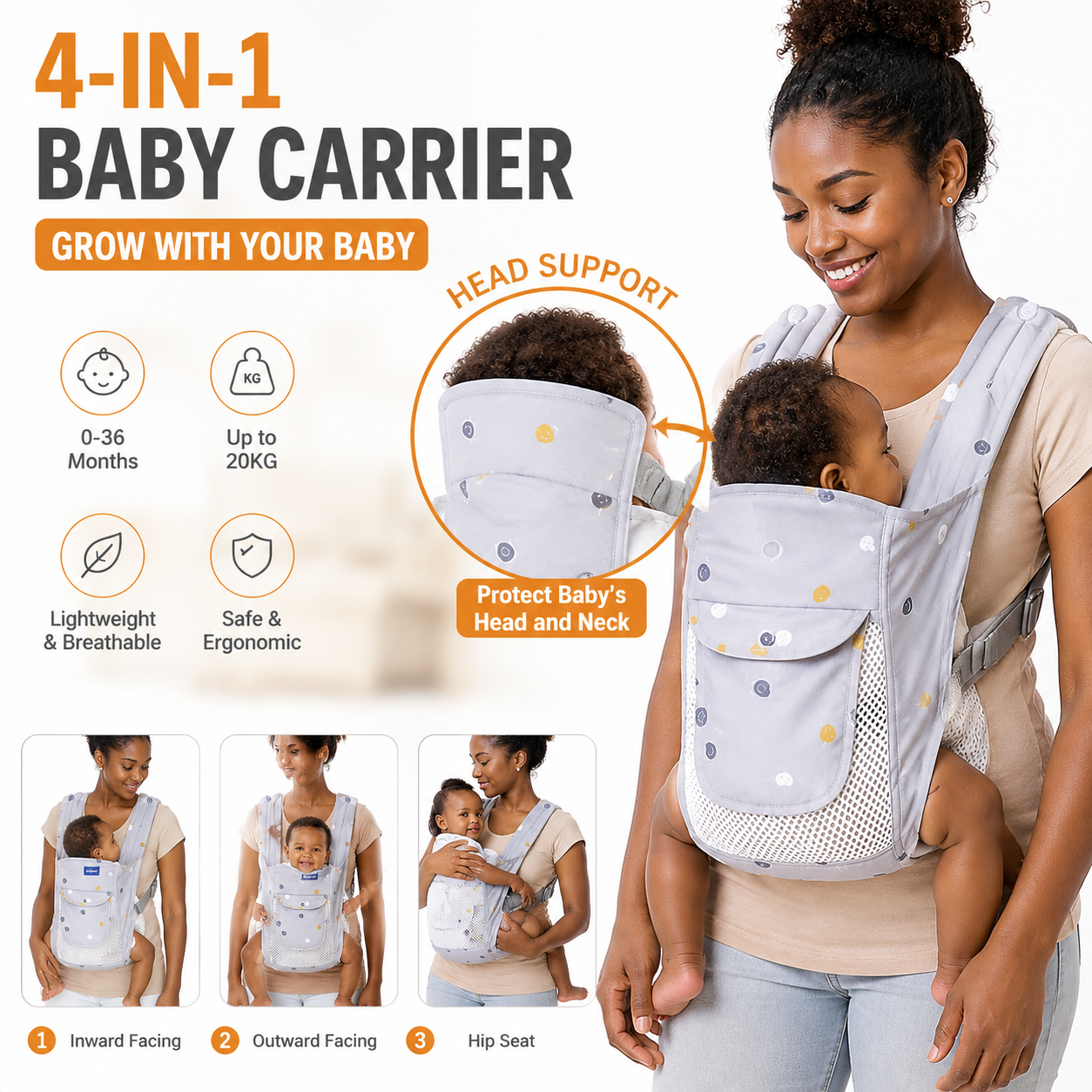 Baby Carrier Front & Back Carrier - Hands-Free with Buckles, Soft Comfortable Carrier Suitable for to, Travel-Friendly for, Shopping, Outings