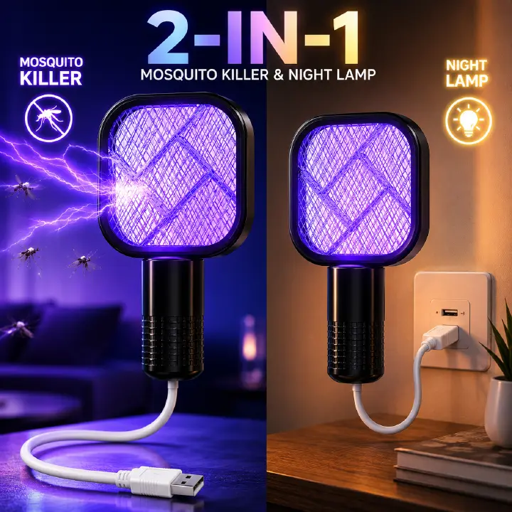 2 in 1 Mini Mosquito Racket Kill Bat USB Rechargeable Portable Bug Zapper Electric Fly Swatter Safe for Indoor Outdoor Use Multifunctional Lamp