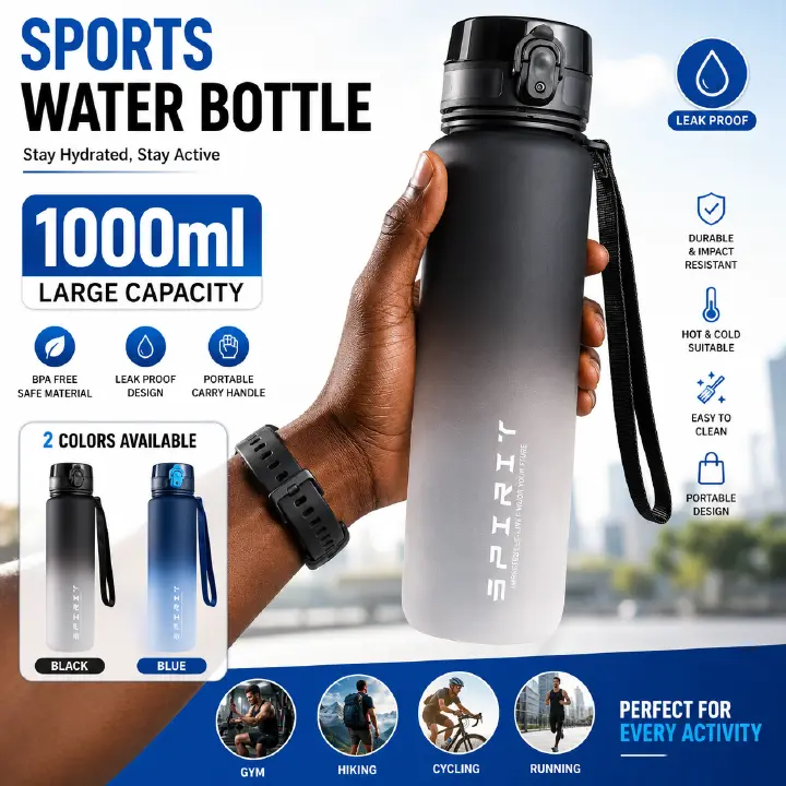 1pc 1000ml Portable Sports Fitness Travel Water Bottle | Gradient Color Plastic, Leak Proof, Oval Shape, Perfect for Summer Fall Winter, Suitable for School Students, Office, Camping