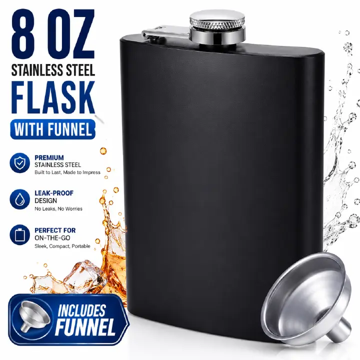 8 OZ Hip Flasks for Liquor, Stainless Steel Flask with Funnel, Hip Flask Set for Liquor, Leak Proof Flask, Never-Lose Cap Camping Pocket, Ideal for Gift