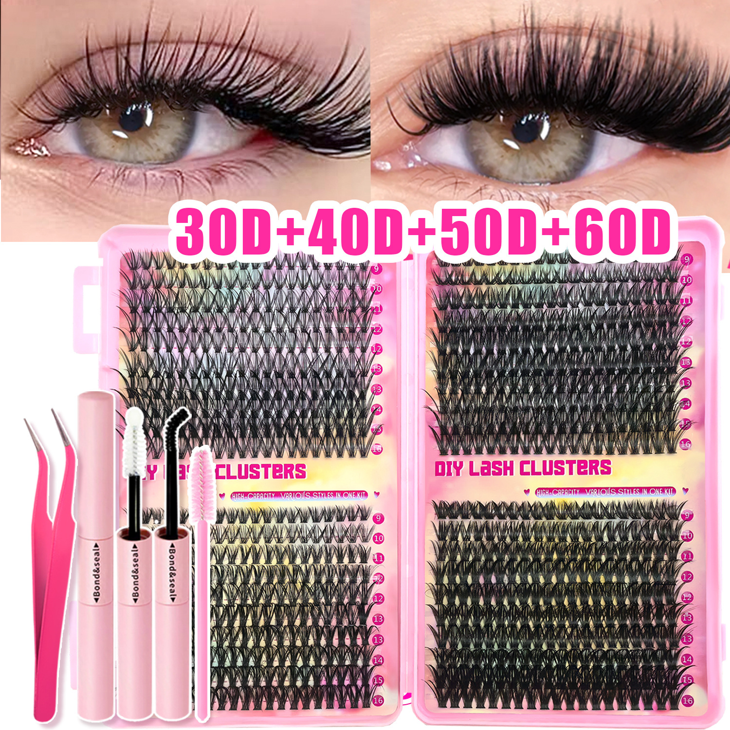 800 Pcs 30D 40D 50D 60D Natural Lash Clusters Kit with Lash Glue and Tweezer, Fairy Wispy Manga Eyelash Clusters, Airy Cute Style, 9–16mm Individual Lashes Book Set Cluster Eyelash Extensions Kit