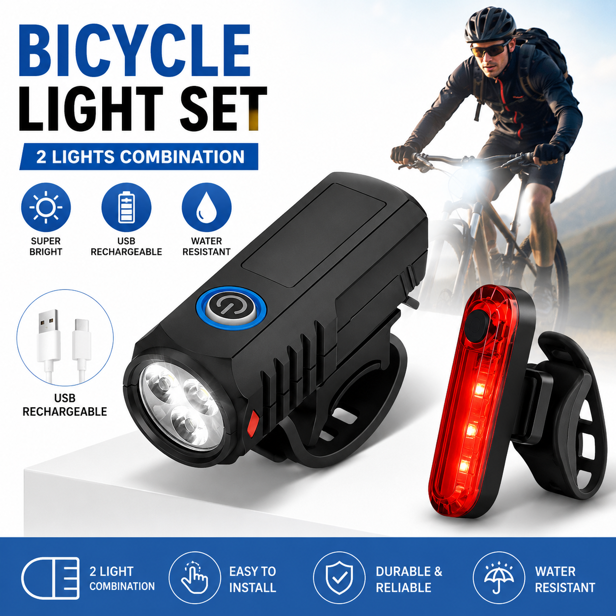 2pcs Mountain Bike Headlight And Taillight, LED USB Rechargeable, Handlebar Mount, High Brightness for Night Riding