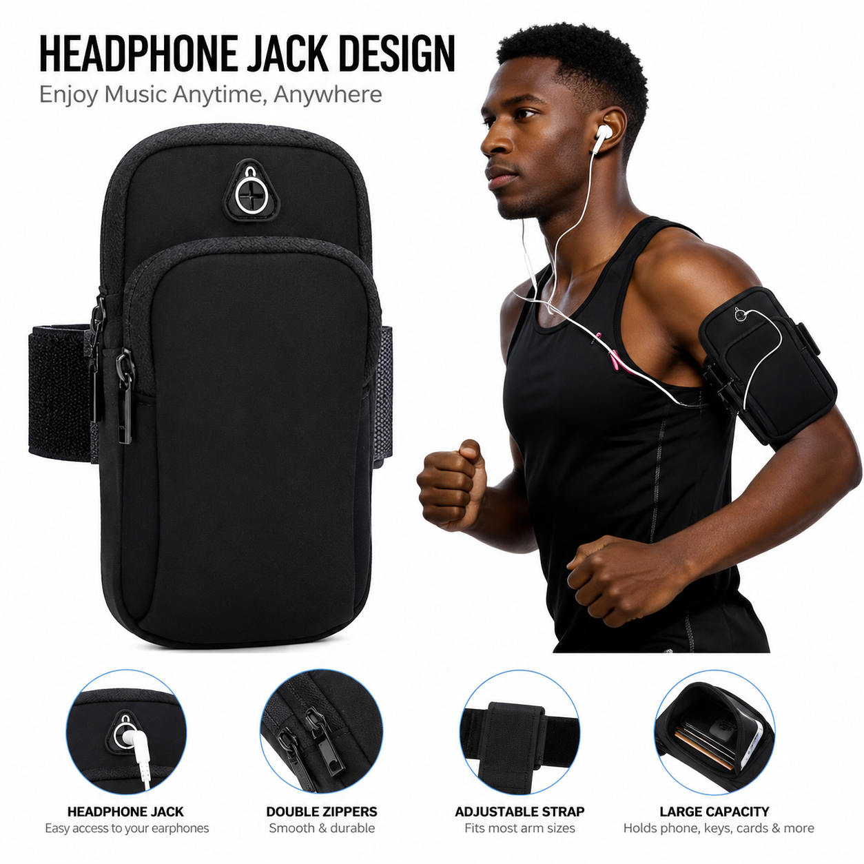 Universal 6.5'' Zippered Multi-Compartment Arm Bag for Fitness & Outdoor Activities,Durable Polyester, Double Layer Storage with Earphone Hole, Ideal for Phone, Keys, and Cosmetics