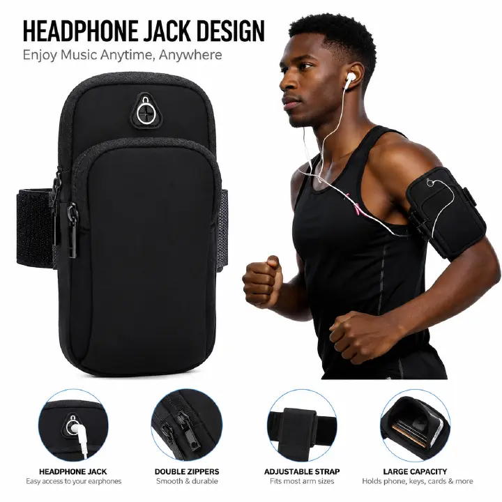 Universal 6.5'' Zippered Multi-Compartment Arm Bag for Fitness & Outdoor Activities,Durable Polyester, Double Layer Storage with Earphone Hole, Ideal for Phone, Keys, and Cosmetics
