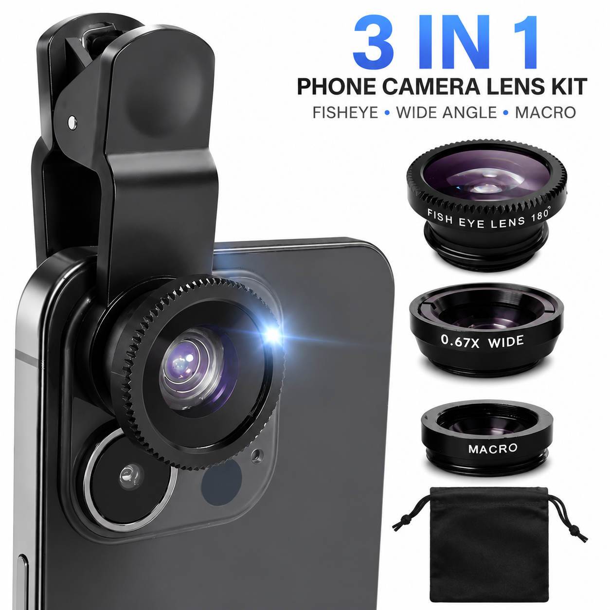 3-In-1 Mobile Phone Lens Featuring Fisheye, Wide-Angle, And Macro Capabilities, 180 Degree,Compatible with Universal Smartphones