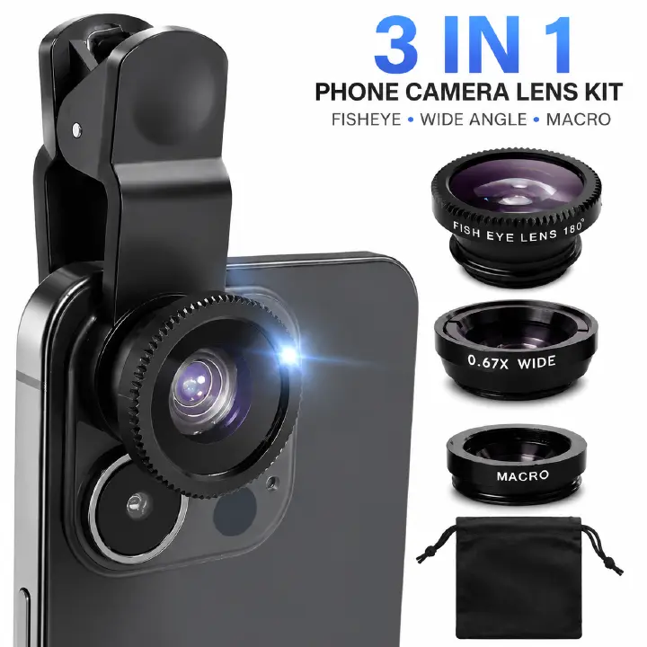3-In-1 Mobile Phone Lens Featuring Fisheye, Wide-Angle, And Macro Capabilities, 180 Degree,Compatible with Universal Smartphones