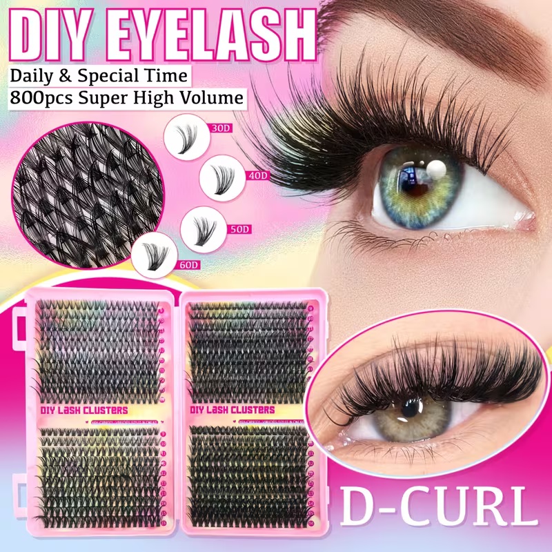 800 Pcs 30D 40D 50D 60D Natural Lash Clusters Kit with Lash Glue and Tweezer, Fairy Wispy Manga Eyelash Clusters, Airy Cute Style, 9–16mm Individual Lashes Book Set Cluster Eyelash Extensions Kit