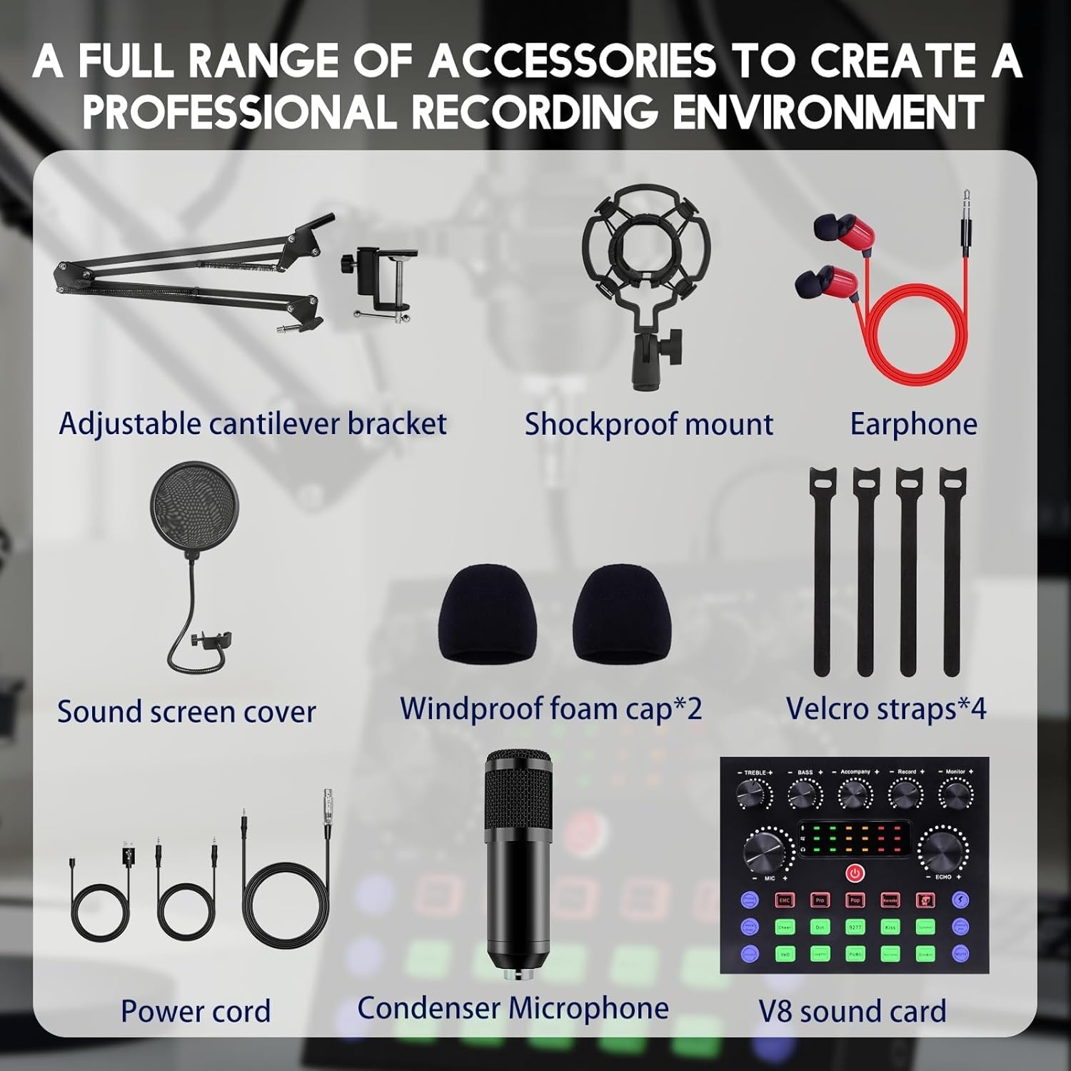 Podcast Equipment Bundle, Podcast Microphone Bundle with BM-800 Microphone & V8s Sound Card, Recording Studio Equipment for Singing, Gaming, Live Streaming and YouTube Tiktok