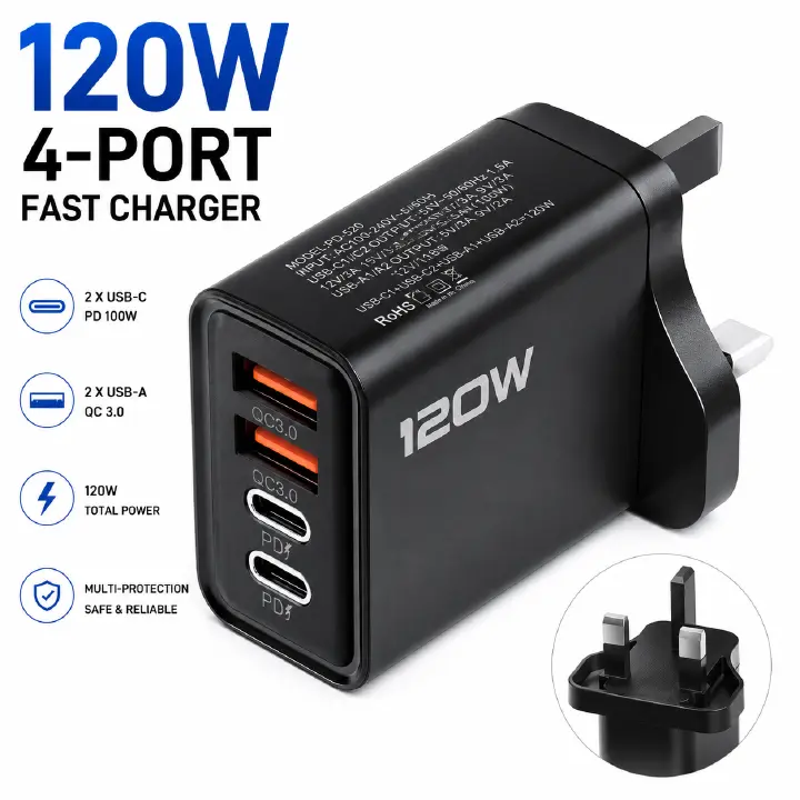 120W Multi USB C Plug 4-Port UK Charger Plug Fast Charging USB Plug Dual Port PD QC Wall Charger Head Type C Charger Head