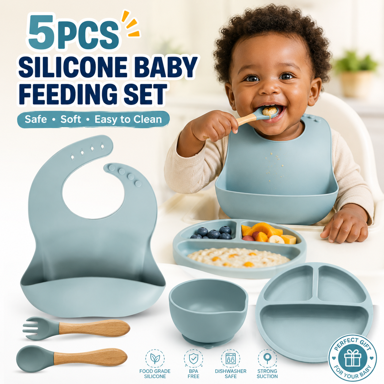 5pcs Silicone Baby Feeding Set, Baby Led Weaning Supplies with Suction Bowl Divided Plate, Toddler Self Feeding Dish Set with Spoons Forks Adjustable Bib, Baby Eating Utensils Baby Bowl
