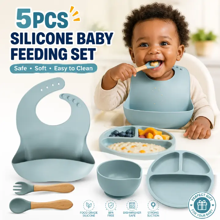 5pcs Silicone Baby Feeding Set, Baby Led Weaning Supplies with Suction Bowl Divided Plate, Toddler Self Feeding Dish Set with Spoons Forks Adjustable Bib, Baby Eating Utensils Baby Bowl