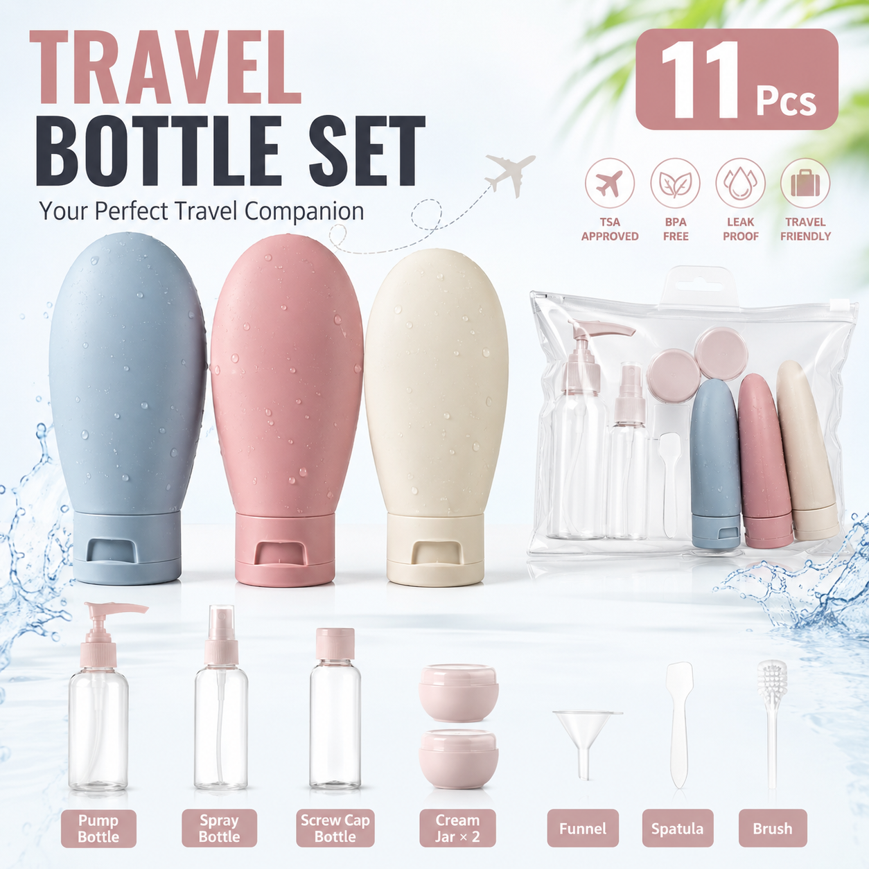 11pcs Travel Bottles Set for Toiletries, Empty Refillable Travel Size Containers Travel Accessories for Shampoo Conditioner Liquids Lotion Soap Body Wash, Travel Essentials