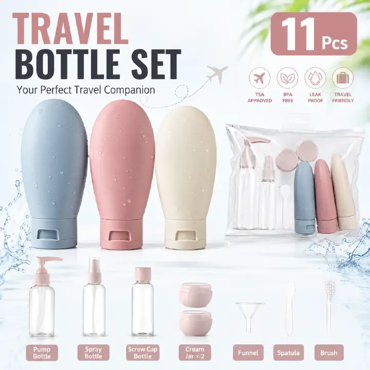 11pcs Travel Bottles Set for Toiletries, Empty Refillable Travel Size Containers Travel Accessories for Shampoo Conditioner Liquids Lotion Soap Body Wash, Travel Essentials