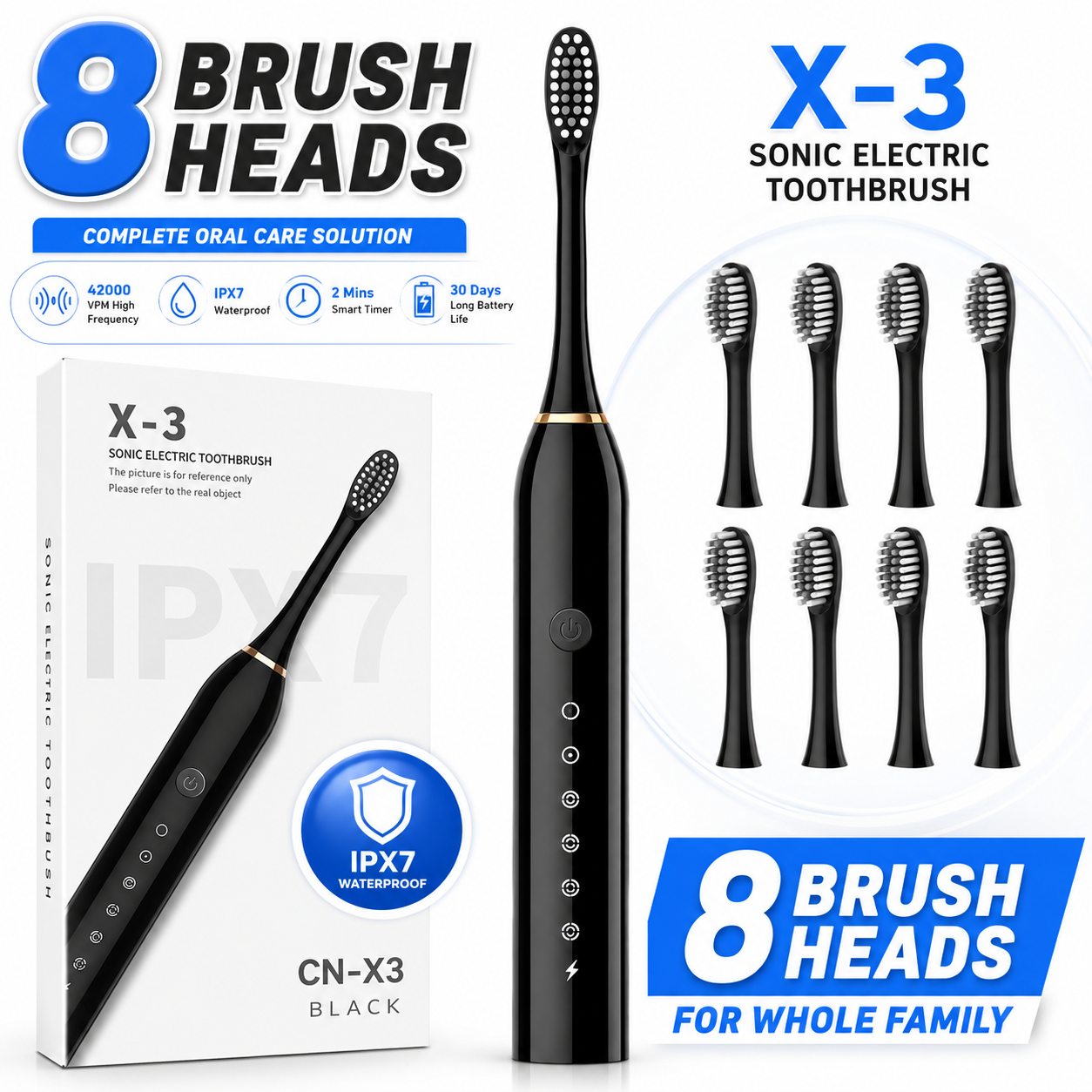 Electric Toothbrush for Adults and Kids, Sonic Powerd Whitening Toothbrush with 8 Brush Heads, 6 Cleaning Modes, 2 Mins Smart Timer, 42000 VPM, USB Rechargeable, One Charge for 60 Days