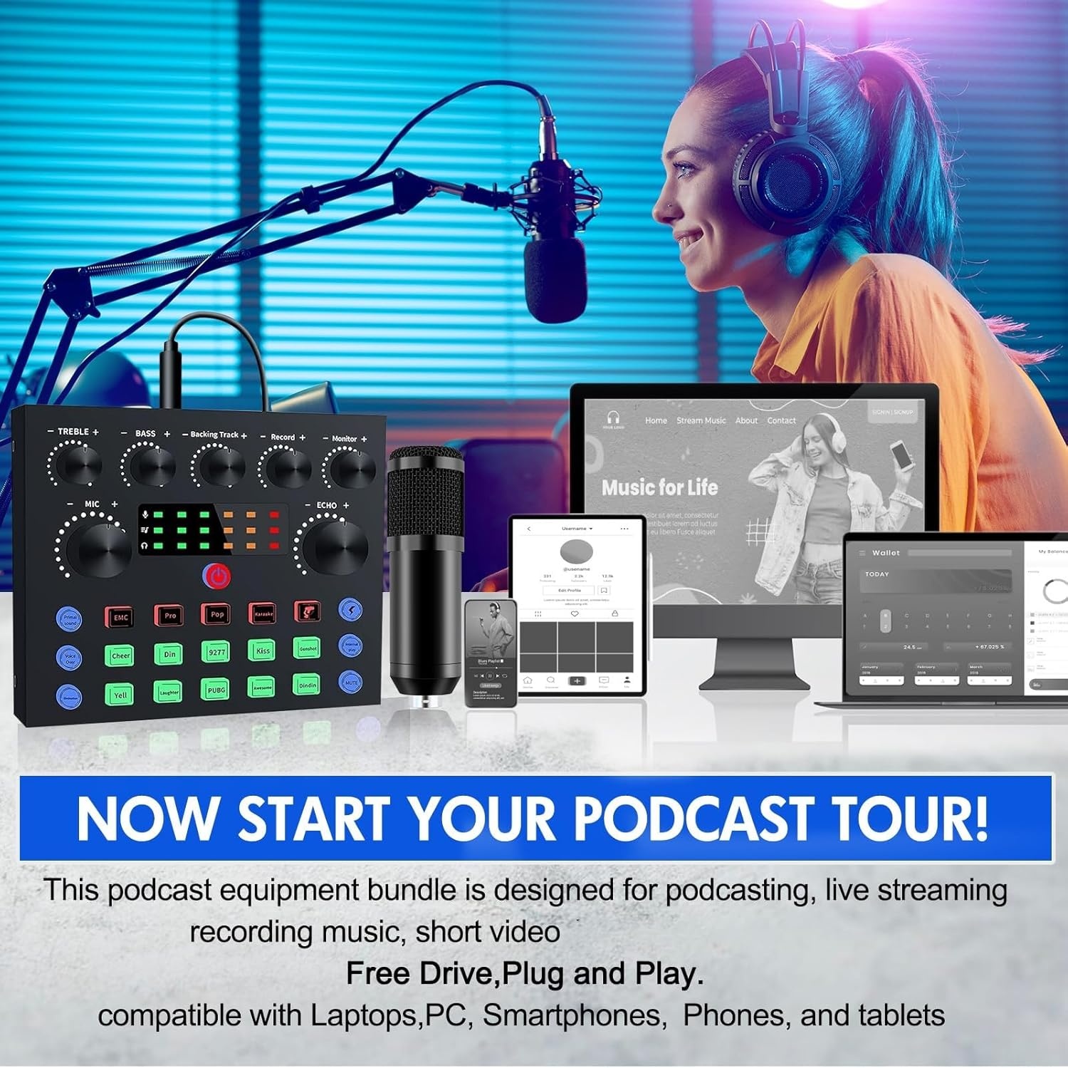 Podcast Equipment Bundle, Podcast Microphone Bundle with BM-800 Microphone & V8s Sound Card, Recording Studio Equipment for Singing, Gaming, Live Streaming and YouTube Tiktok