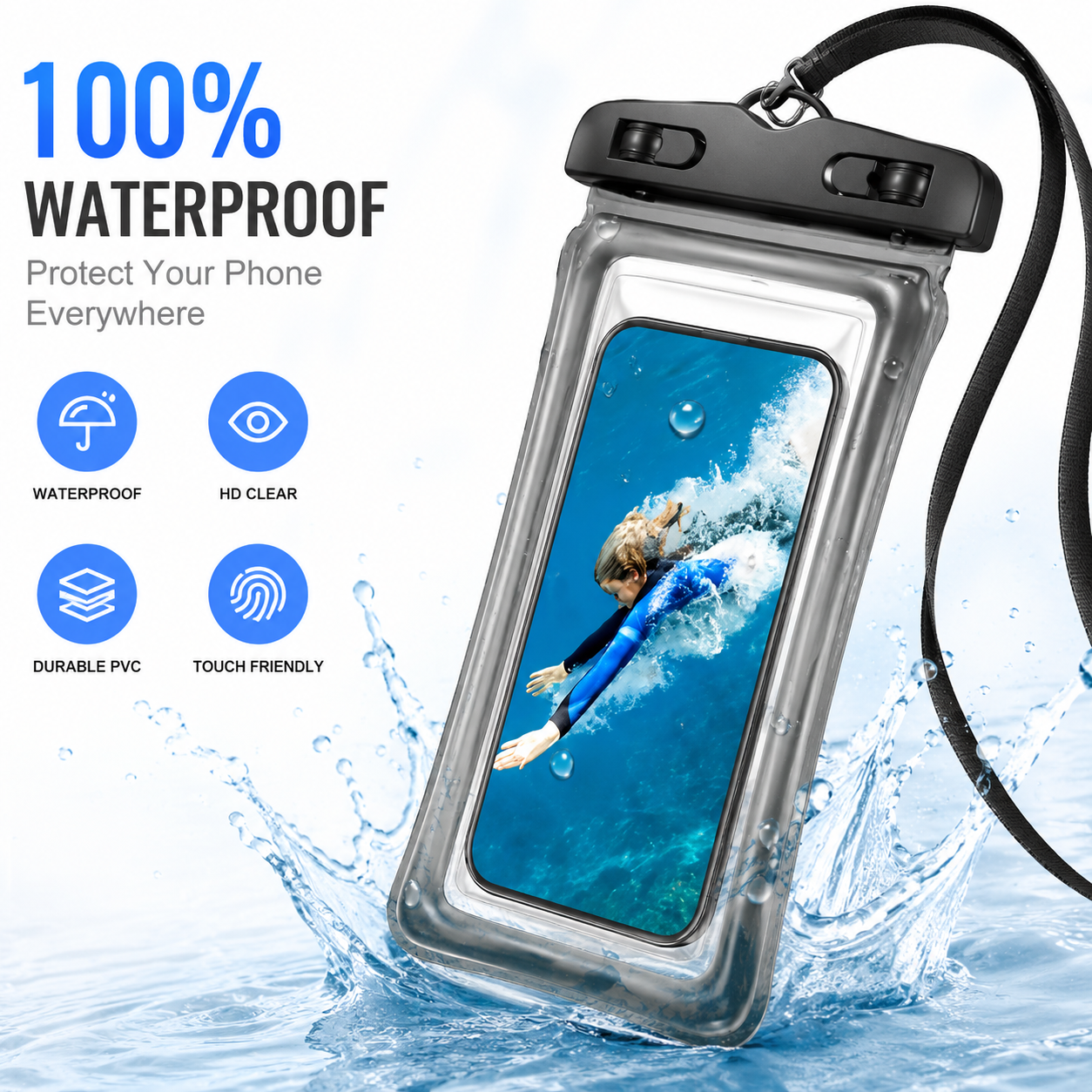 Secure-Lock Summer New IP65 Waterproof Cushion Surround Thick Waterproof Bag, protects up to 7-inch phones, suitable for swimming, surfing, rainy day outings, beaches, cruises, skiing, and other water
