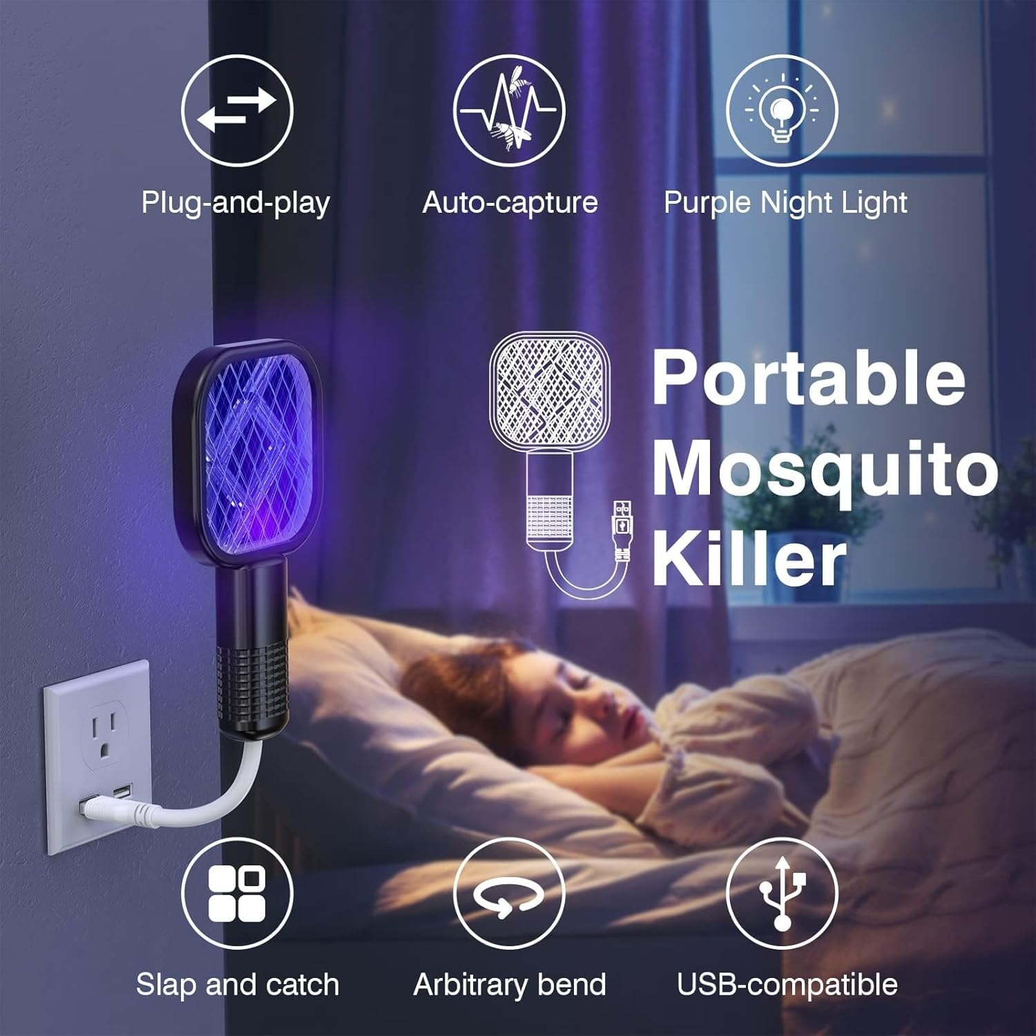 2 in 1 Mini Mosquito Racket Kill Bat USB Rechargeable Portable Bug Zapper Electric Fly Swatter Safe for Indoor Outdoor Use Multifunctional Lamp