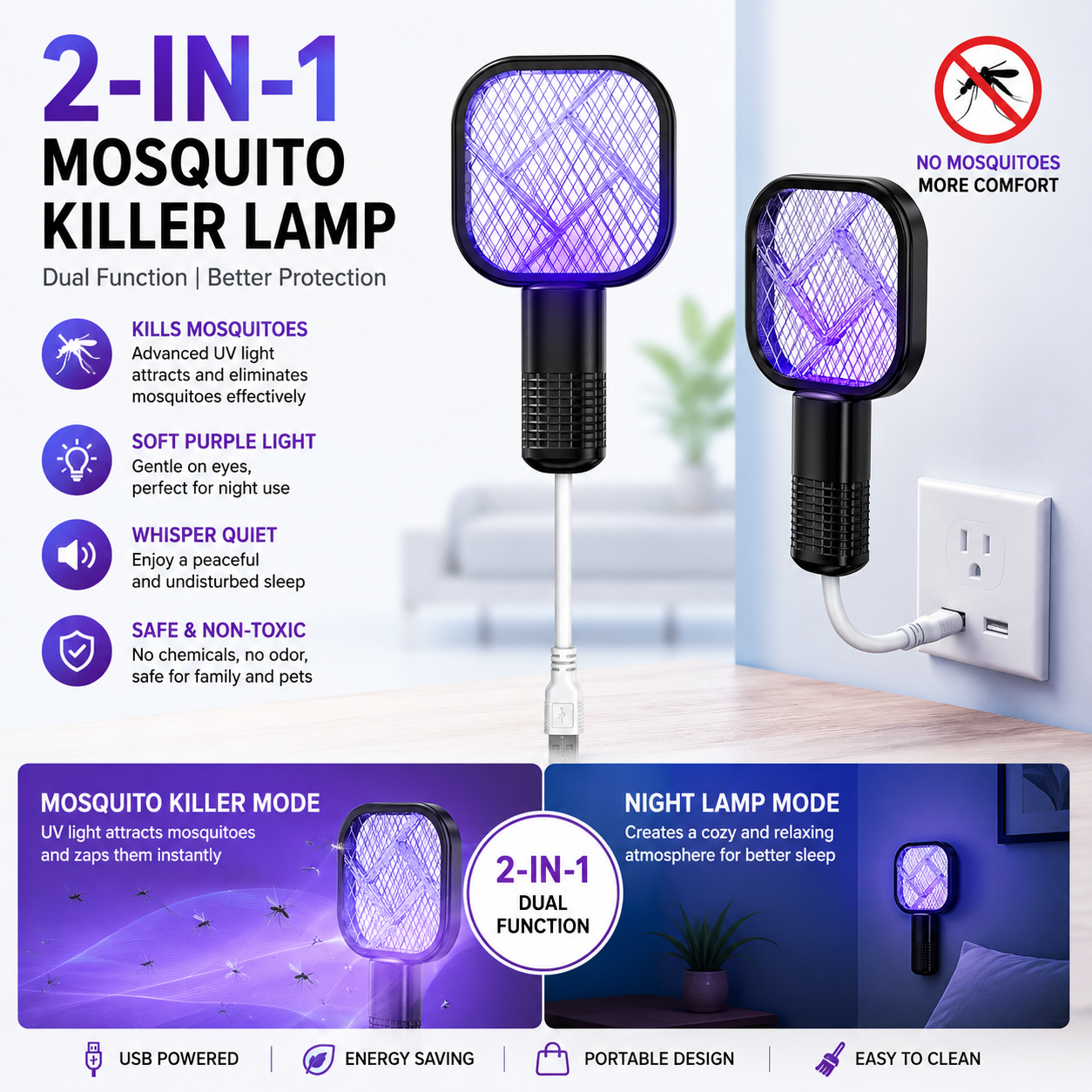 2 in 1 Mini Mosquito Racket Kill Bat USB Rechargeable Portable Bug Zapper Electric Fly Swatter Safe for Indoor Outdoor Use Multifunctional Lamp