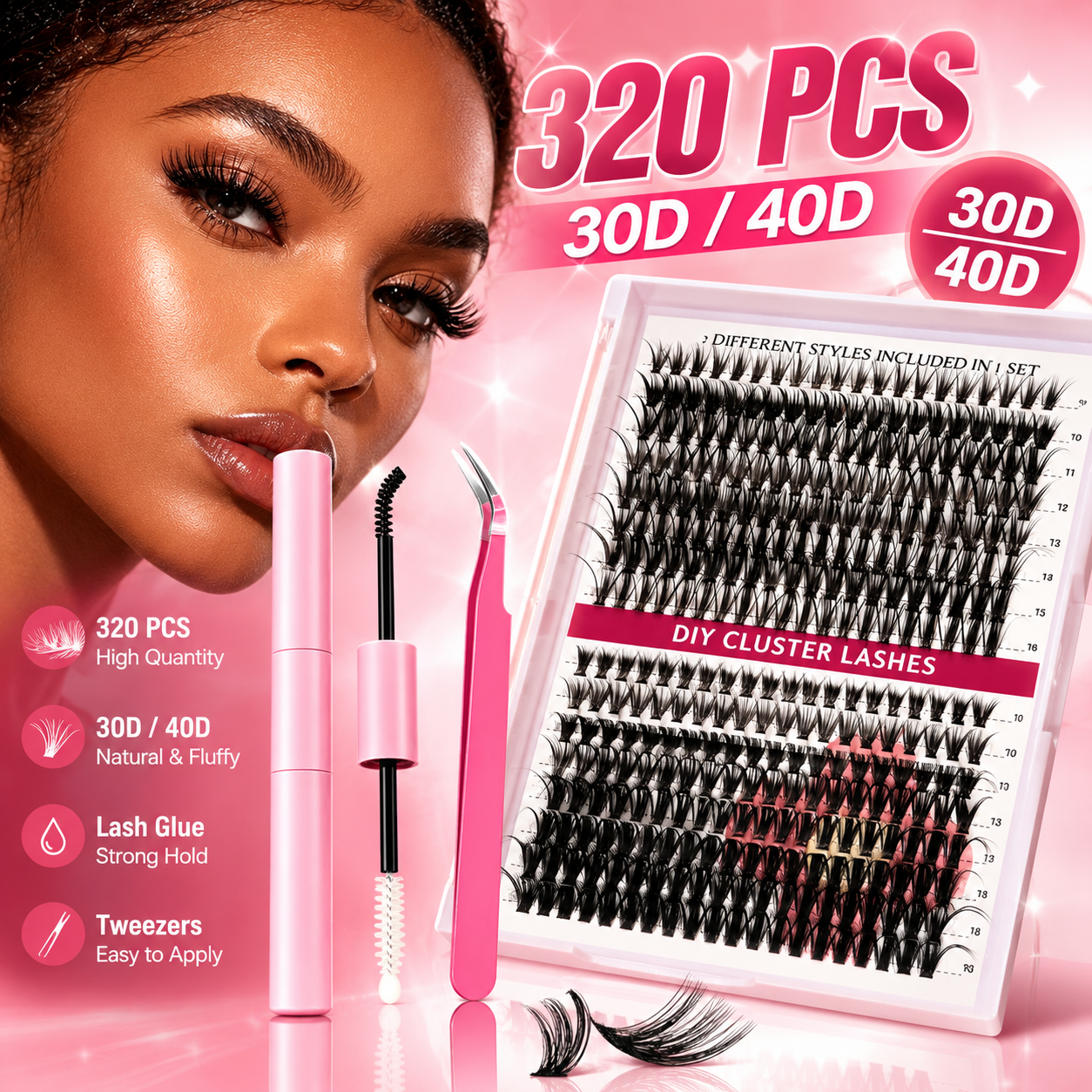 320 Pcs 30D 40D Natural Lash Clusters Kit with Lash Glue and Tweezer , Fairy Wispy Manga Eyelash Clusters, Airy Cute Style, 9–16mm Individual Cluster Eyelash Extensions Kit, DIY CC Curl Lash Extension