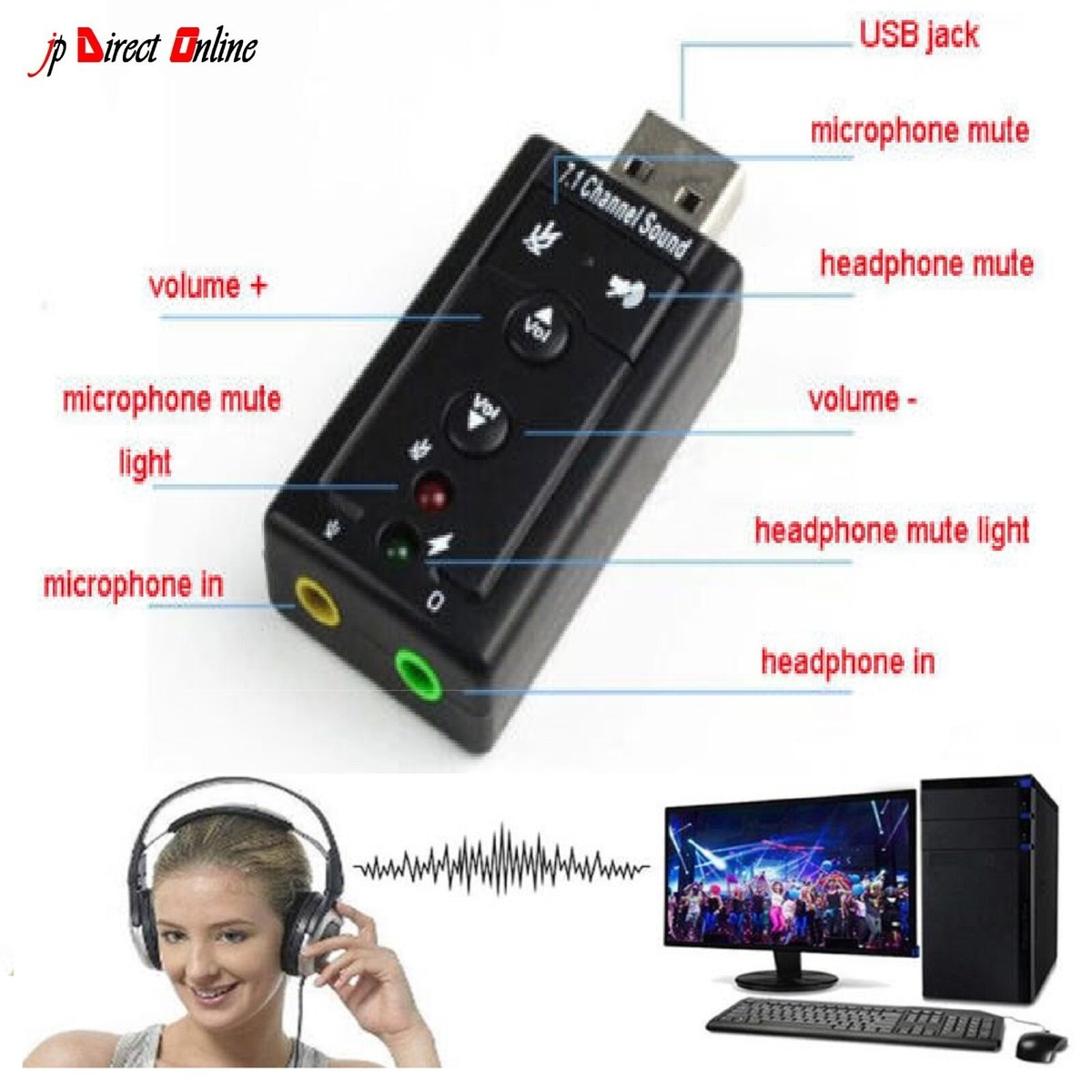 Portable USB Virtual 7.1 Channel Sound Card  USB 2.0 External Sound Card for Desktop Computers And Laptops, Suitable for Speakers, Headphones, And Microphones, No Driver Needed