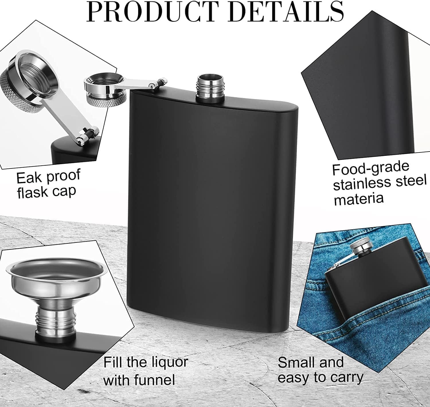 8 OZ Hip Flasks for Liquor, Stainless Steel Flask with Funnel, Hip Flask Set for Liquor, Leak Proof Flask, Never-Lose Cap Camping Pocket, Ideal for Gift