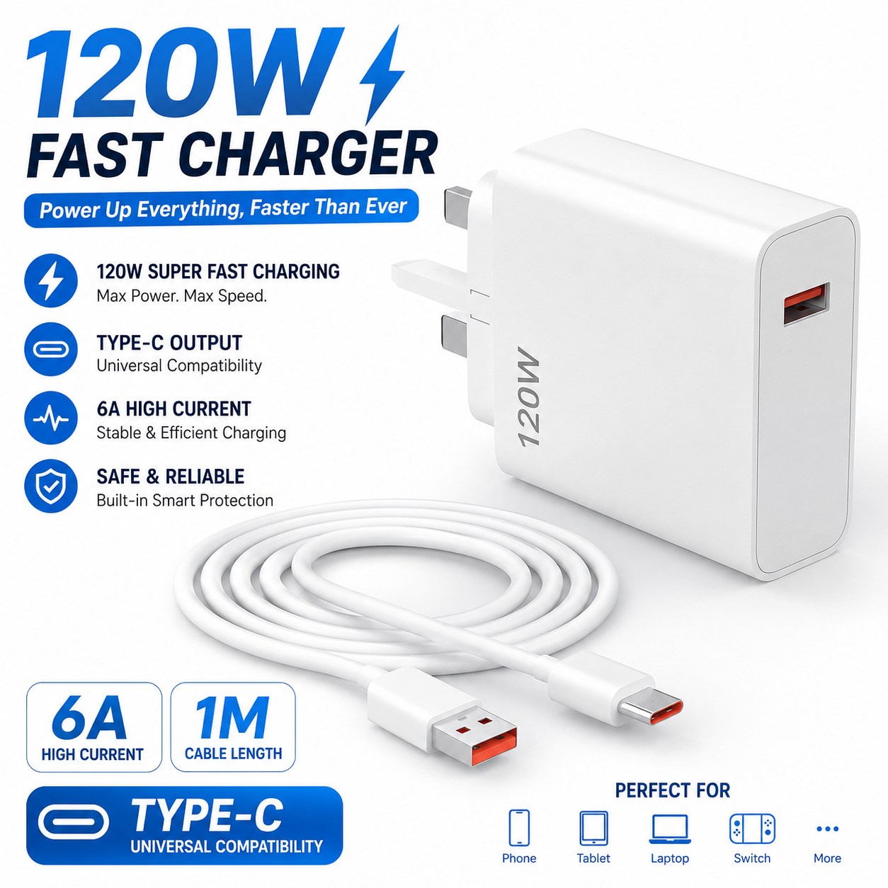 120W Fast Charger Compatible with Xiaomi POCO Samsung Huawei With 1M 6A Type C Cable,Wall Charger UK Power Adapter for Redmi Note