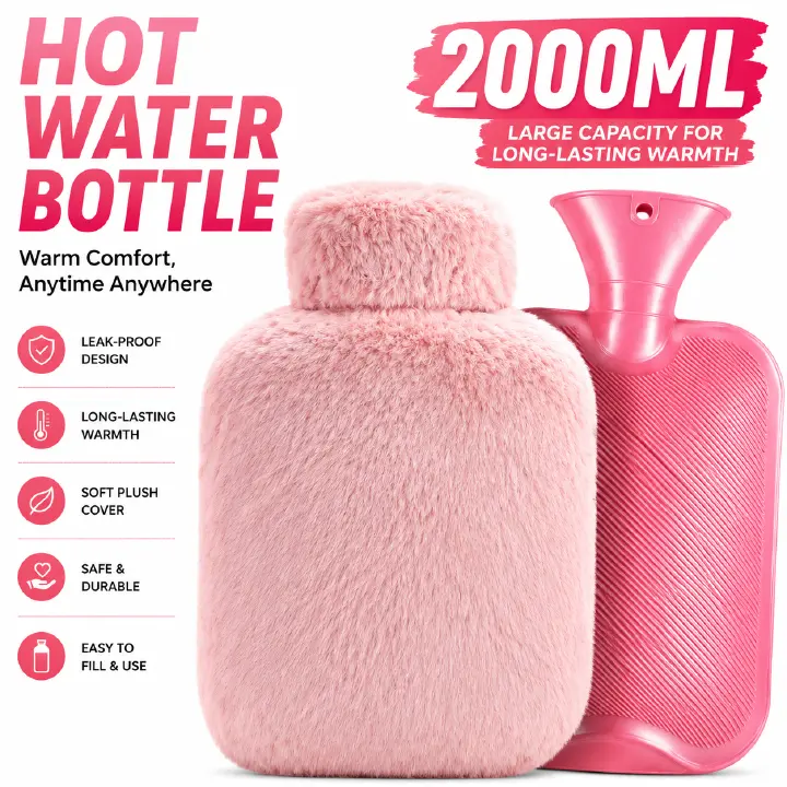 2000ML Hot Water Bottle with Soft Fleece Cover, PVC Hot Water Bag for Pain Relief, Large Capacity, Odorless, BPA Free, Suit Neck Shoulder Pain, Feet Warmer, Menstrual Cramps(Pink)