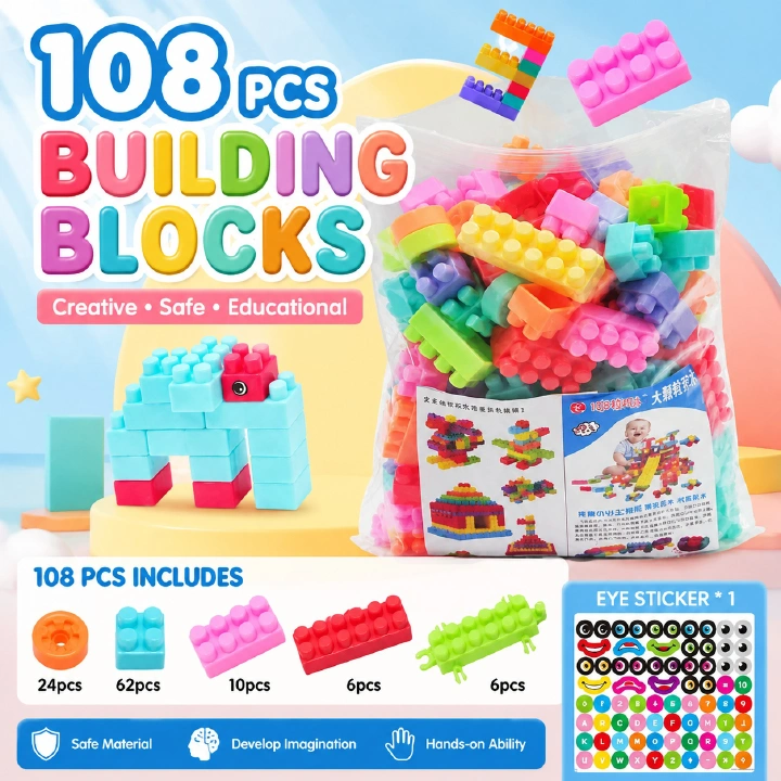 108 Pcs Building Blocks for Kids, DIY Puzzle Toy Set, Safe & Fun Early Learning STEM Gift, Creative Christmas Present for Boys and Girls Ages 3+ Baby Toddler
