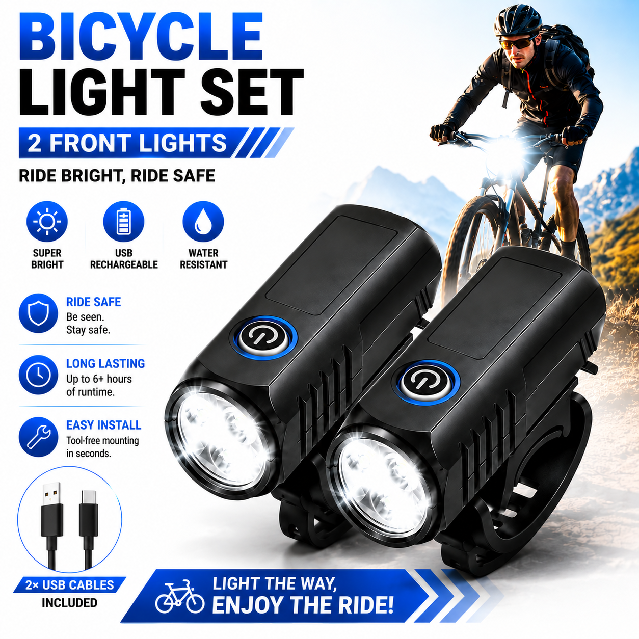 2pcs Mountain Bike Headlight And Taillight, LED USB Rechargeable, Handlebar Mount, High Brightness for Night Riding