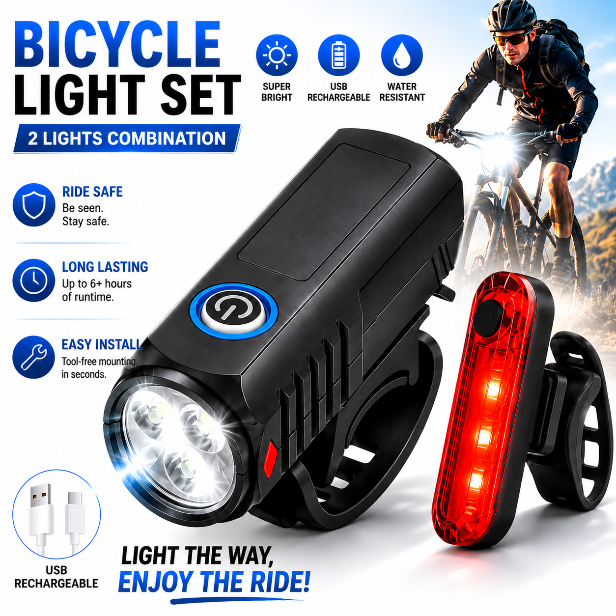 2pcs Mountain Bike Headlight And Taillight, LED USB Rechargeable, Handlebar Mount, High Brightness for Night Riding