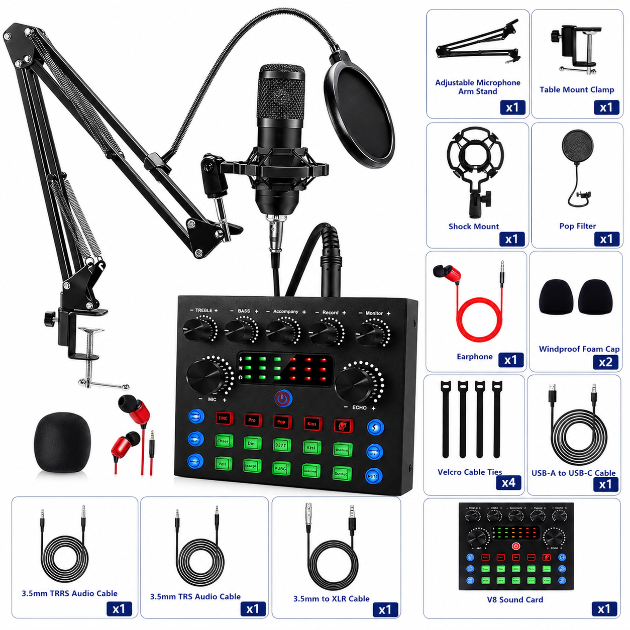 Podcast Equipment Bundle, Podcast Microphone Bundle with BM-800 Microphone & V8s Sound Card, Recording Studio Equipment for Singing, Gaming, Live Streaming and YouTube Tiktok