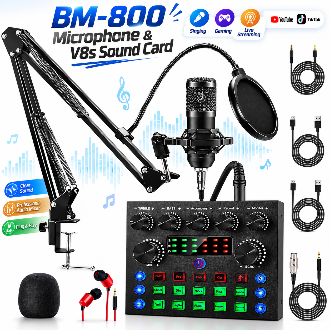 Podcast Equipment Bundle, Podcast Microphone Bundle with BM-800 Microphone & V8s Sound Card, Recording Studio Equipment for Singing, Gaming, Live Streaming and YouTube Tiktok