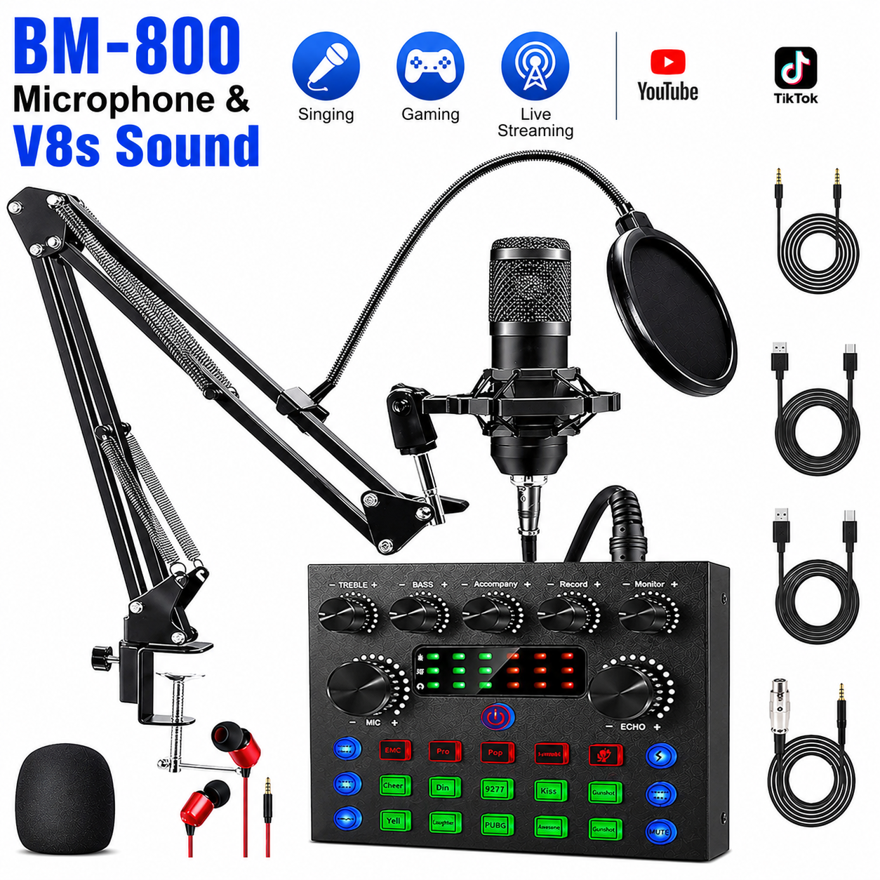 Podcast Equipment Bundle, Podcast Microphone Bundle with BM-800 Microphone & V8s Sound Card, Recording Studio Equipment for Singing, Gaming, Live Streaming and YouTube Tiktok