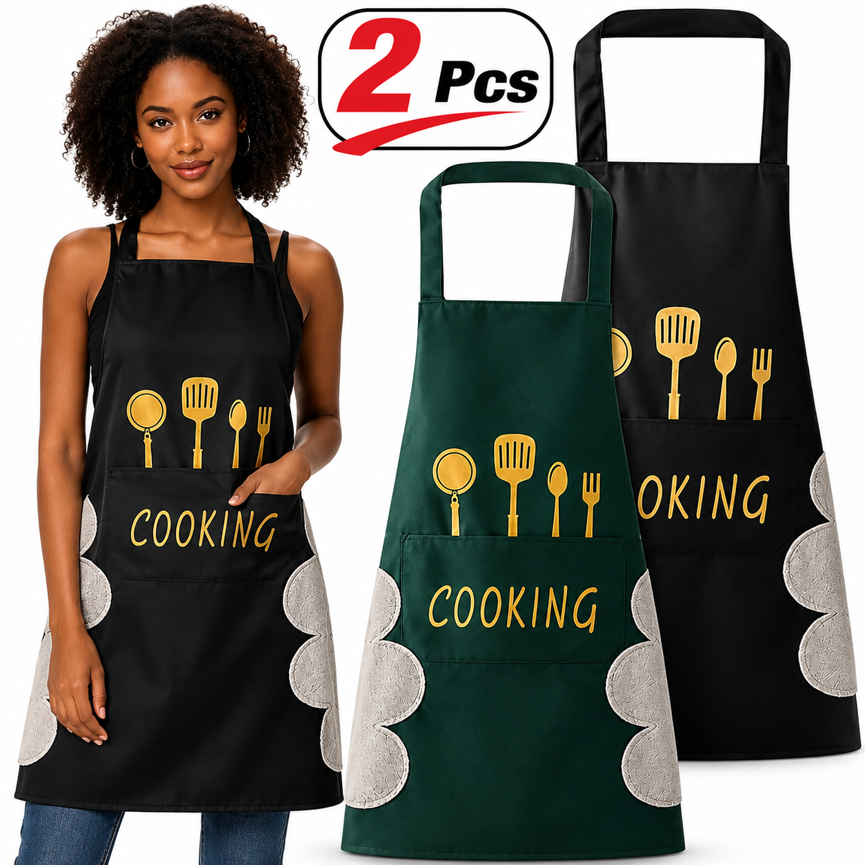 2pcs Black And Green Polyester Apron, Simple Apron, Thickened High Quality And Waist Apron, Fashion Housework Kitchen Home Work Clothes, Kitchen Supplies, Printed Apron