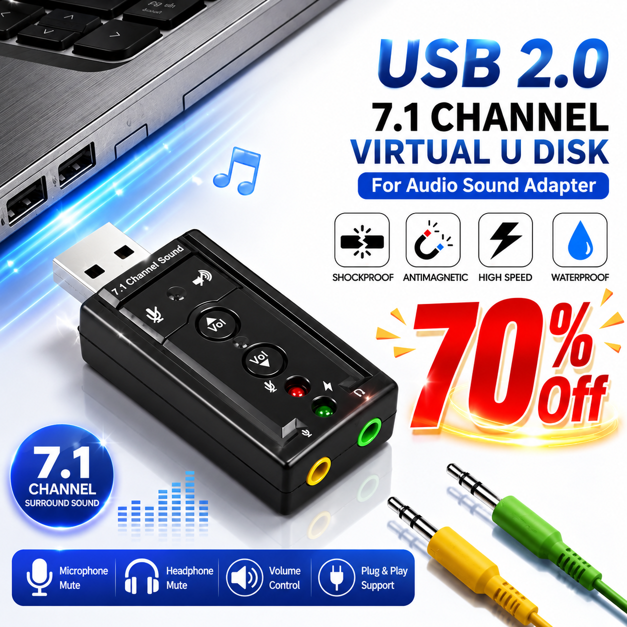 Portable USB Virtual 7.1 Channel Sound Card  USB 2.0 External Sound Card for Desktop Computers And Laptops, Suitable for Speakers, Headphones, And Microphones, No Driver Needed