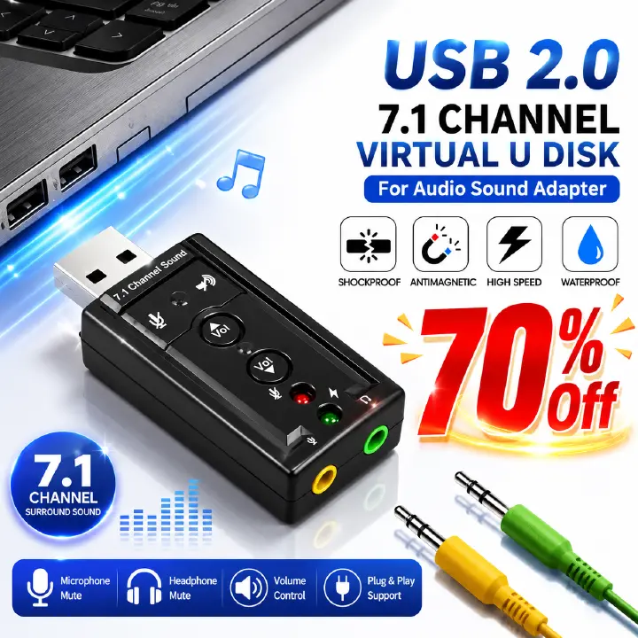 Portable USB Virtual 7.1 Channel Sound Card  USB 2.0 External Sound Card for Desktop Computers And Laptops, Suitable for Speakers, Headphones, And Microphones, No Driver Needed