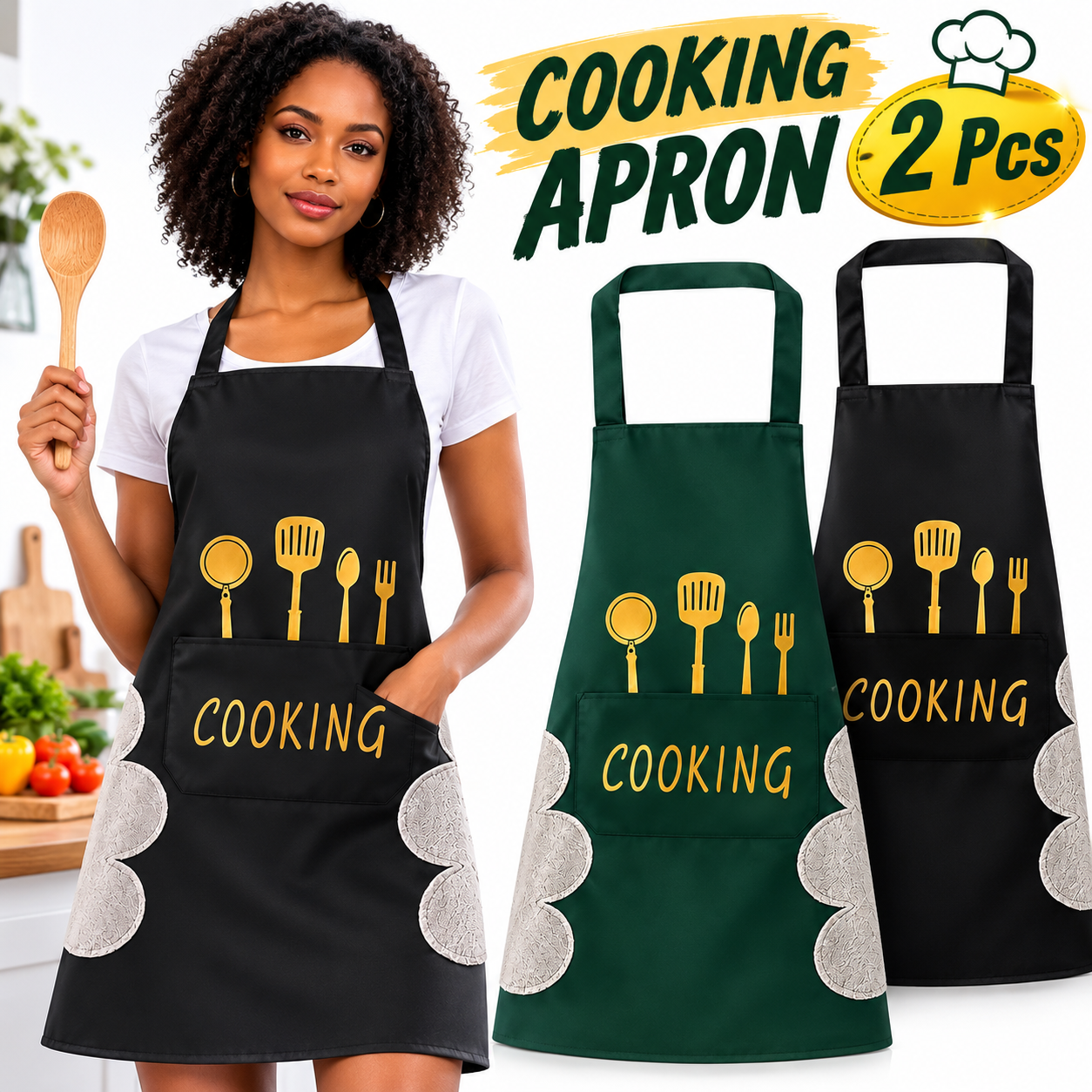 2pcs Black And Green Polyester Apron, Simple Apron, Thickened High Quality And Waist Apron, Fashion Housework Kitchen Home Work Clothes, Kitchen Supplies, Printed Apron