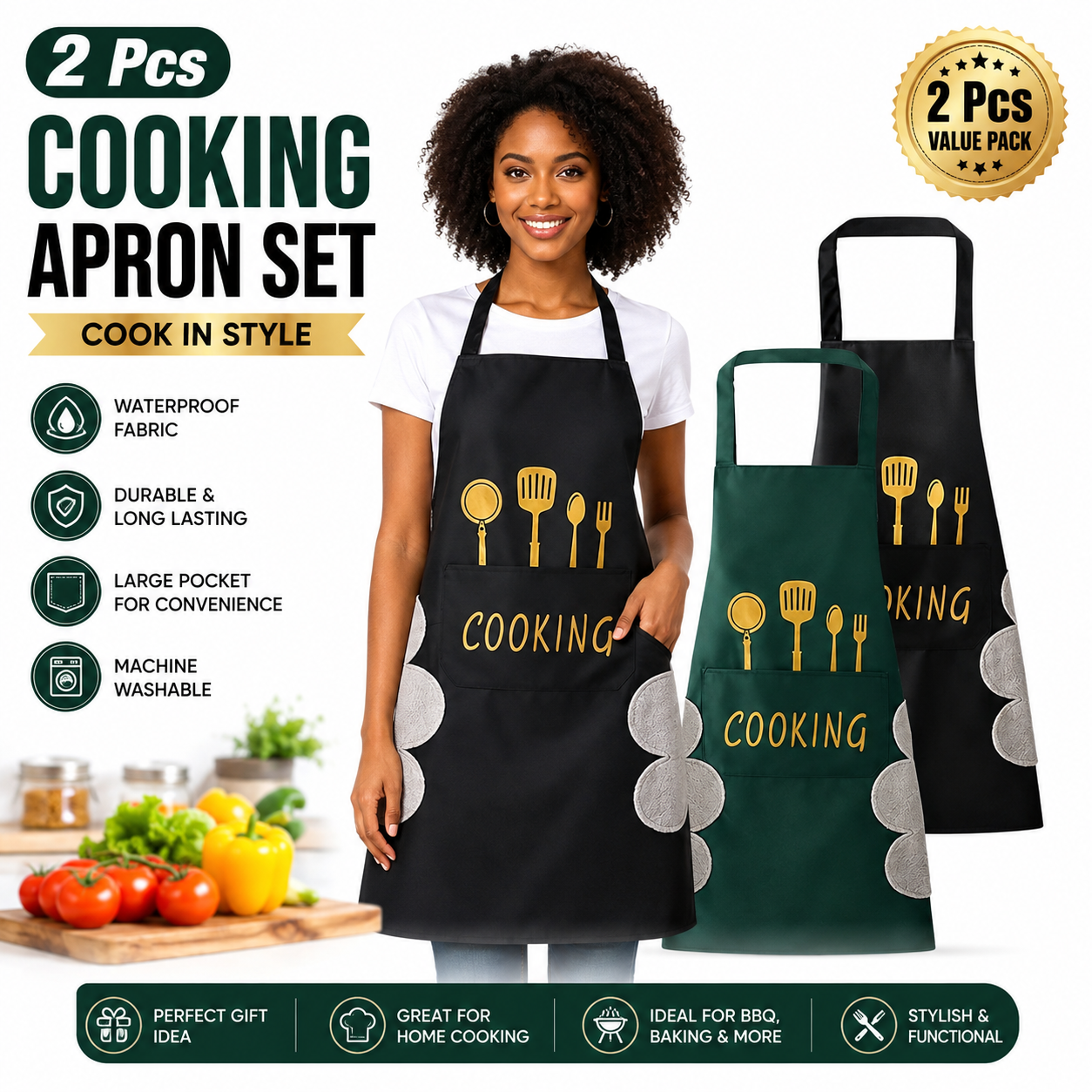 2pcs Black And Green Polyester Apron, Simple Apron, Thickened High Quality And Waist Apron, Fashion Housework Kitchen Home Work Clothes, Kitchen Supplies, Printed Apron