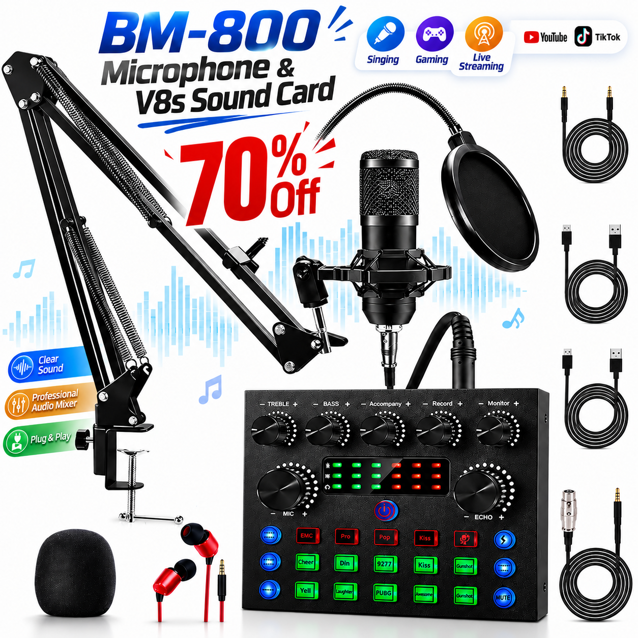 Podcast Equipment Bundle, Podcast Microphone Bundle with BM-800 Microphone & V8s Sound Card, Recording Studio Equipment for Singing, Gaming, Live Streaming and YouTube Tiktok