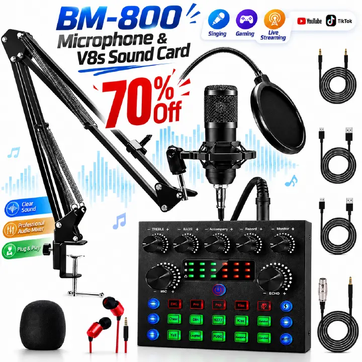 Podcast Equipment Bundle, Podcast Microphone Bundle with BM-800 Microphone & V8s Sound Card, Recording Studio Equipment for Singing, Gaming, Live Streaming and YouTube Tiktok